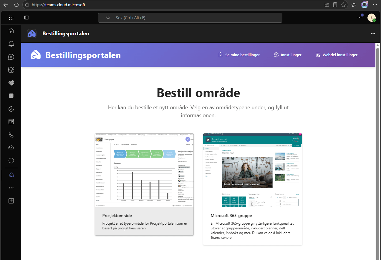 Skjermbilde av Bestillingsportalen som app i Microsoft Teams — startsiden med områdetyper